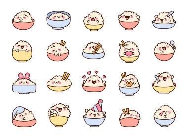 Komik suratlı tatlı kawaii pirinç kasesi. Çin yemeği çizgi film karakteri. El çizimi stili. Vektör çizimi. Tasarım elementlerinin koleksiyonu.