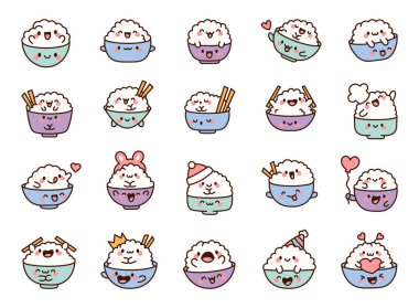 Şirin kawaii pilavı ve komik kase. Sevimli yemek arkadaşları. Çizgi film karakteri. El çizimi stili. Vektör çizimi. Tasarım elementlerinin koleksiyonu.