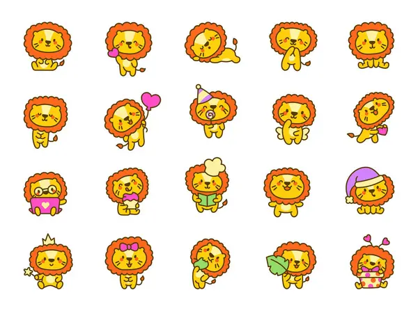可爱的Kawaii狮子与快乐的脸 动物卡通人物手绘风格 矢量绘图 设计要素的收集 — 图库矢量图片