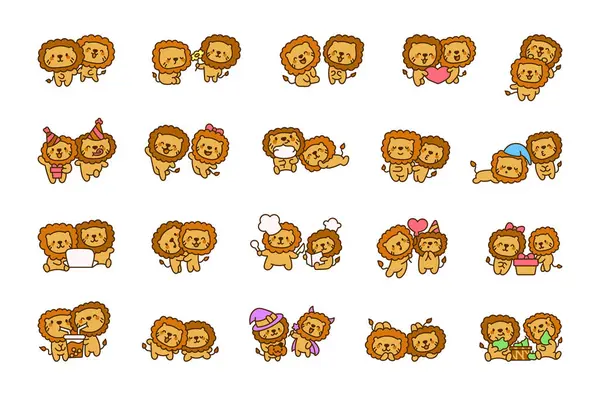 Funny Couple Lion Cartoon Characters Cute Kawaii Animal Friends Hand — Stock Vector