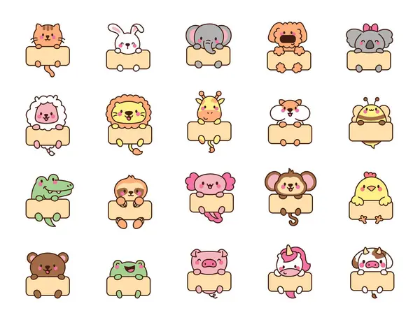 Cute Kawaii Animal Blank Web Banner Template Funny Cartoon Characters Vector Graphics