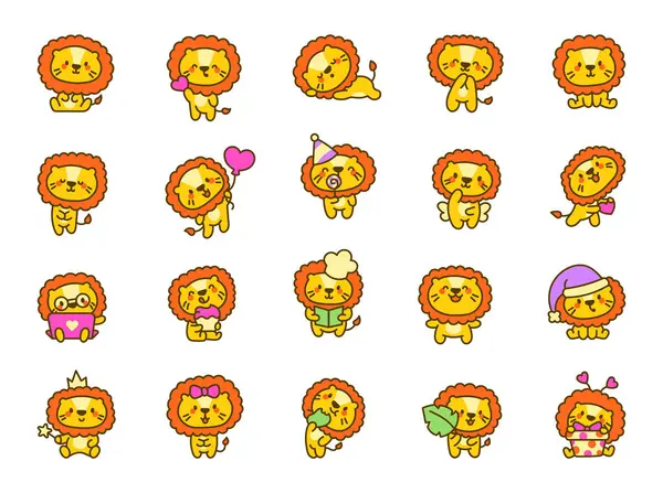 可爱的Kawaii狮子与快乐的脸 动物卡通人物手绘风格 矢量绘图 设计要素的收集 免版税图库矢量图片