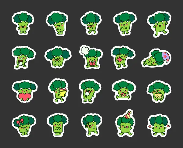Şirin Kawaii Brokoli Karakteri Etiket Yer Komik Çizgi Film Yemekleri Telifsiz Stok Vektörler