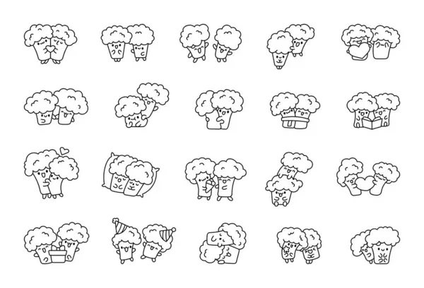 Engraçado Casal Brócolis Personagens Desenhos Animados Página Para Colorir Amigos — Vetor de Stock
