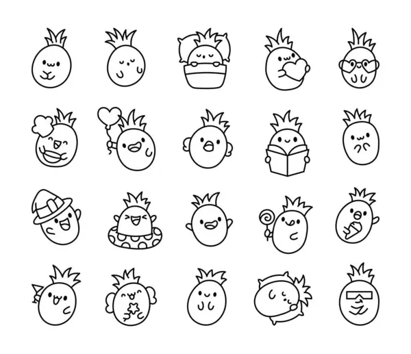 Niedliche Kawaii Ananasfrucht Malvorlagen Bezaubernde Comicfigur Handgezeichneter Stil Vektorzeichnung Sammlung — Stockvektor