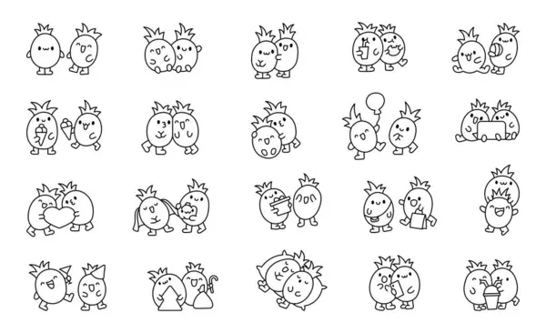 Cute Kawaii Pineapples Funny Faces Coloring Page Adorable Cartoon Fruits — Stock Vector