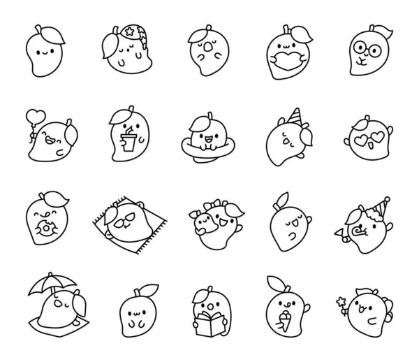 Söt Kawaii Mango Med Lustigt Ansikte Färgläggningssida Tecknad Frukt Karaktär Royaltyfria illustrationer