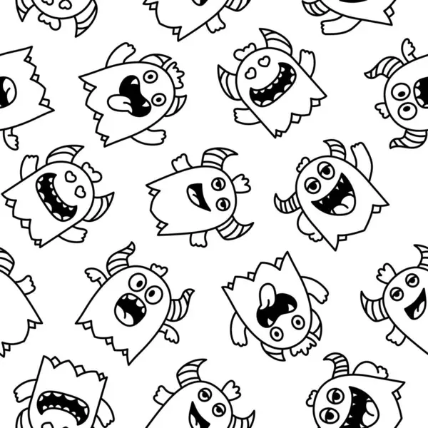 Cute Kawaii Monster Seamless Pattern Coloring Page Cartoon Scary Funny — Stock Vector