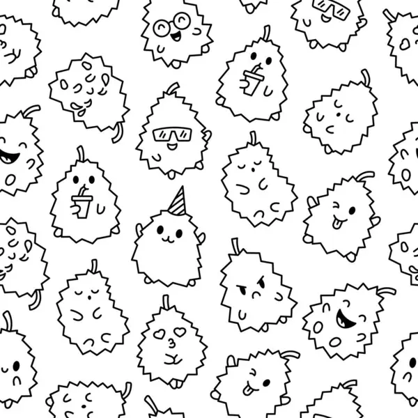 Cute Happy Durian Character Emoticon Seamless Pattern Coloring Page Kawaii Royaltyfria illustrationer
