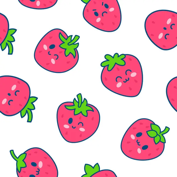 可爱的草莓性格感情用事 无缝图案 Kawaii卡通水果 手绘风格 矢量绘图 设计装饰品 图库插图