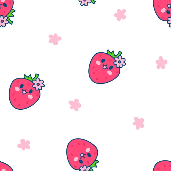 Cute Happy Strawberry Character Emoticon Seamless Pattern Kawaii Cartoon Fruit Vectores de stock libres de derechos