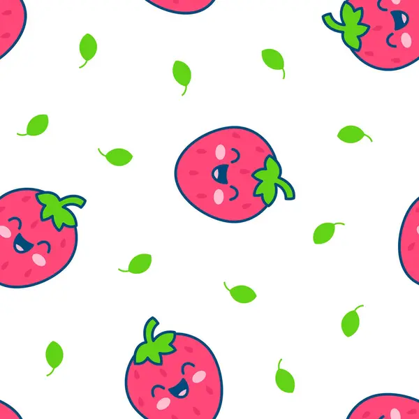 Cute Happy Strawberry Character Emoticon Seamless Pattern Kawaii Cartoon Fruit Vektorgrafiken