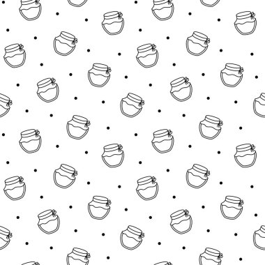 Bal dolu cam kap. Kusursuz desen. Boyama sayfası. Arı ve ahşap bal kovanı. Kavanozu aç El çizimi stili. Vektör çizimi. Tasarım süslemeleri.