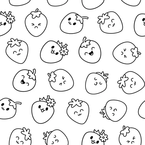 Cute Happy Strawberry Character Emoticon Seamless Pattern Coloring Page Kawaii Vector Graphics