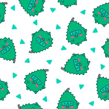 Sevimli mutlu Durian karakter simgesi. Kusursuz desen. Kawaii çizgi film meyvesi. El çizimi stili. Vektör çizimi. Tasarım süslemeleri.