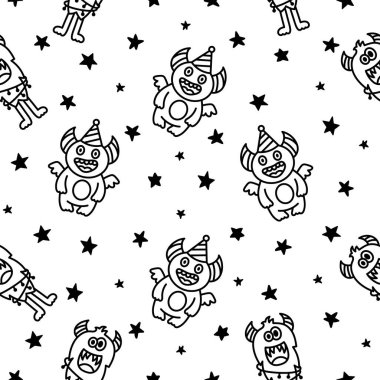 Kawaii şirin parti canavarları. Kusursuz desen. Boyama sayfası. Mutlu yıllar, komik uzaylı, karşılama pastası. El çizimi stili. Vektör çizimi. Tasarım süslemeleri.