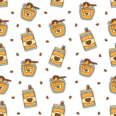 Bal dolu cam kap. Kusursuz desen. Arı ve ahşap bal kovanı. Kavanozu aç El çizimi stili. Vektör çizimi. Tasarım süslemeleri.