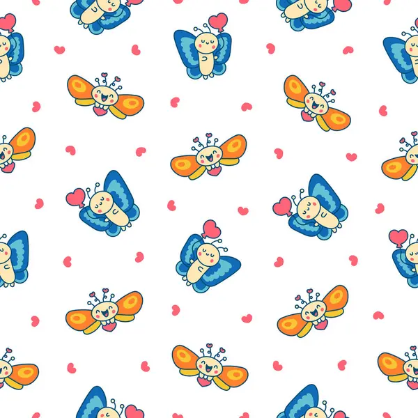 Очаровательные Маленькие Бабочки Кавайи Бесшовный Шаблон Милые Мультяшные Насекомые Крыльями — стоковый вектор