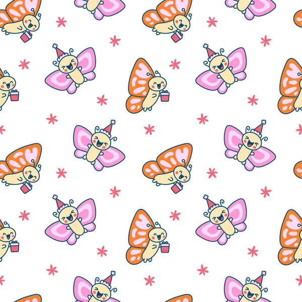 Очаровательные Маленькие Бабочки Кавайи Бесшовный Шаблон Милые Мультяшные Насекомые Крыльями — стоковый вектор