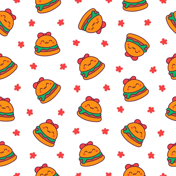 Милый Бургер Животными Кавайи Бесшовный Шаблон Забавная Еда Карикатурный Чизбургер Стоковая Иллюстрация