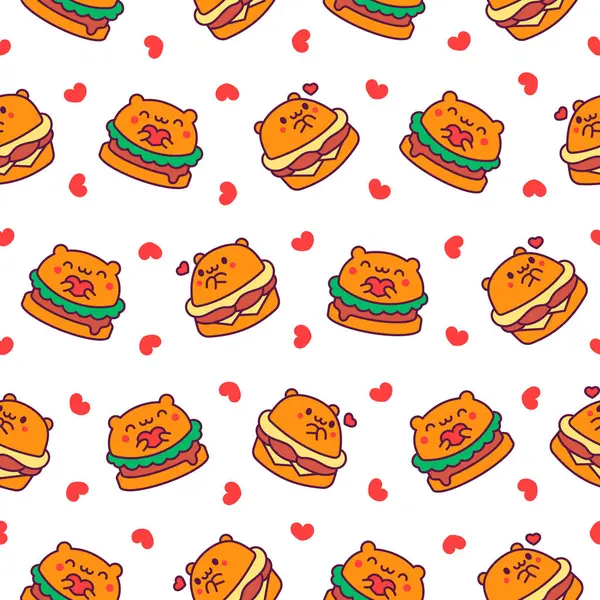 可爱的Kawaii动物汉堡 无缝图案 有趣的食物 卡通芝士汉堡手绘风格 矢量绘图 设计装饰品 图库插图