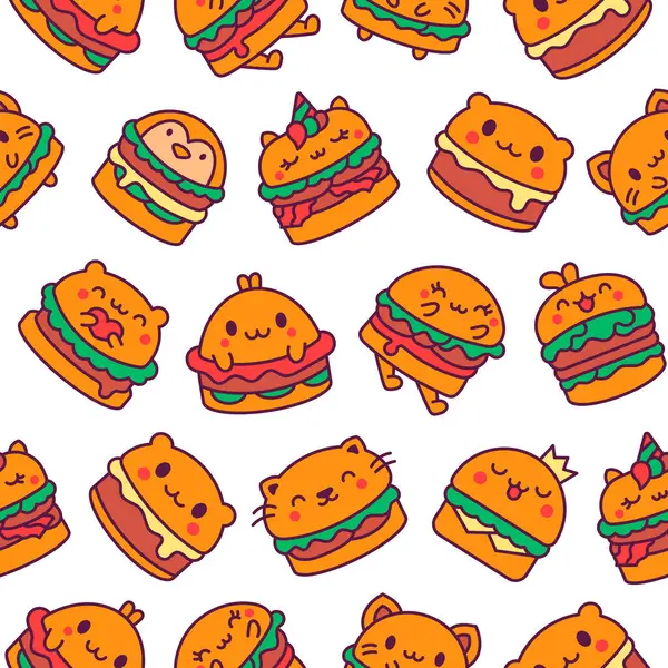 Roztomilý Kawaiský Zvířecí Burger Bezproblémový Vzorec Vtipné Jídlo Karikaturní Cheeseburger Royalty Free Stock Ilustrace