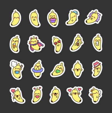 Gülümseyen kawaii muzu. Etiket Yer İmi. Çizgi film karakteri. El çizimi stili. Vektör çizimi. Tasarım elementlerinin koleksiyonu.