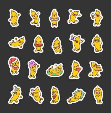 Komik muz karakteri. Etiket Yer İmi. Tatlı çizgi film meyvesi. El çizimi stili. Vektör çizimi. Tasarım elementlerinin koleksiyonu.