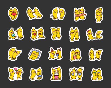 Neşeli muz karakterleri. Etiket Yer İmi. Komik meyve kahramanları. El çizimi stili. Vektör çizimi. Tasarım elementlerinin koleksiyonu.