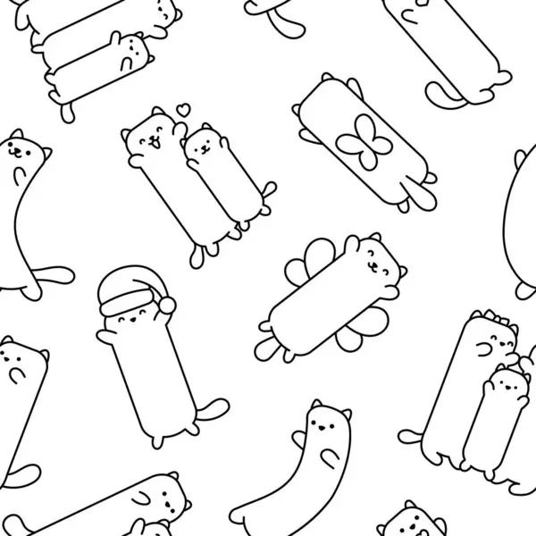 大猫毛绒绒枕头 无缝图案 着色页 长可爱的玩具和人物 手绘风格 矢量绘图 设计装饰品 矢量图形