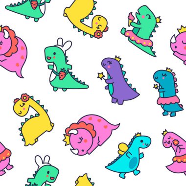 Komik şirin kızlar dinozorlar. Kusursuz desen. Kawaii bebek dino prenses karakteri. El çizimi stili. Vektör çizimi. Tasarım süslemeleri.