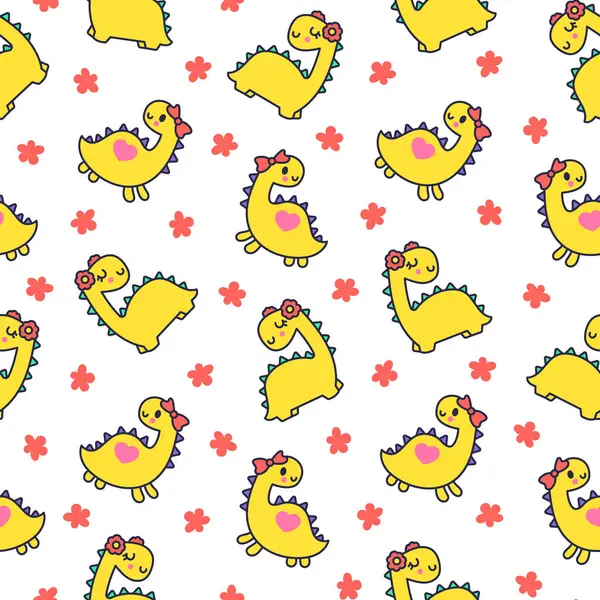 Funny Cute Girls Dinosaurs Seamless Pattern Kawaii Baby Dino Princess — Stock Vector