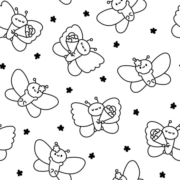 Adorable Kawaii Baby Butterflies Seamless Pattern Coloring Page Cute Cartoon — Stock Vector
