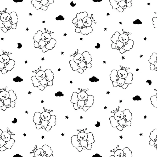 Adorable Kawaii Baby Butterflies Seamless Pattern Coloring Page Cute Cartoon — Stock Vector