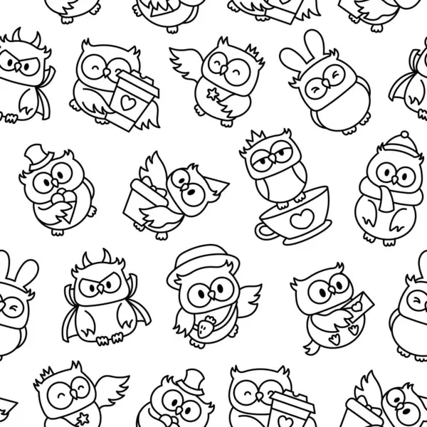 漫画ハッピーフクロウキャラクター シームレスなパターン カラーリングページ かわいい森の鳥たち 手描きスタイル ベクター図面 デザインの装飾 ベクターグラフィックス