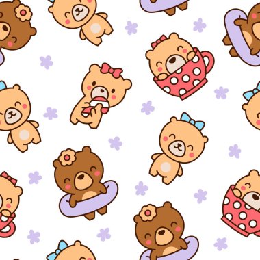 Şirin kawaii oyuncak ayısı. Kusursuz desen. Çizgi film komik hayvan karakteri. El çizimi stili. Vektör çizimi. Tasarım süslemeleri.