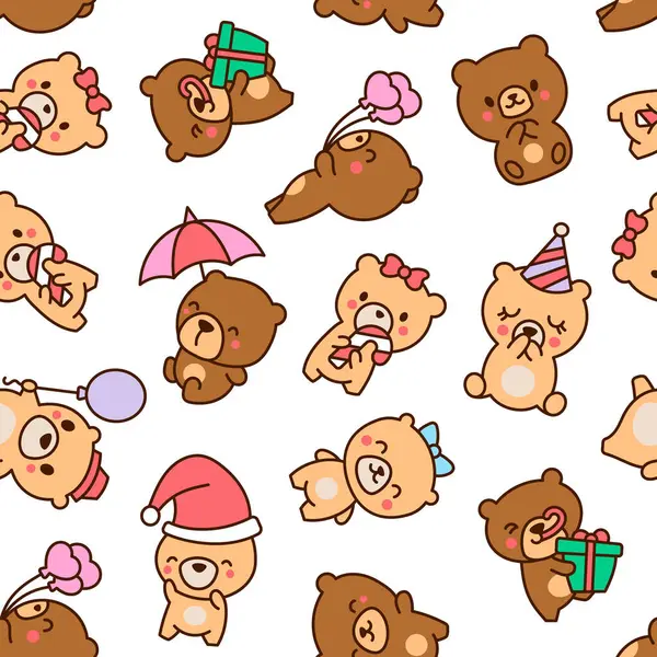Cute Kawaii Teddy Bear Seamless Pattern Cartoon Funny Animals Character Vector Graphics