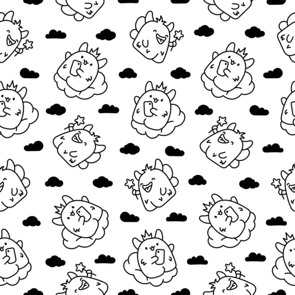 Funny Kawaii Monster Cartoon Seamless Pattern Coloring Page Cute Fantastic — Stock Vector