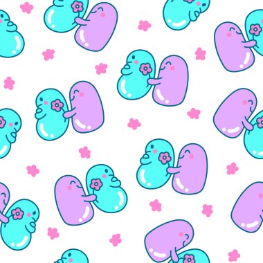 Şirin arkadaşlar kawaii tapyoka incileri. Kusursuz desen. Çizgi film karakterleri. El çizimi stili. Vektör çizimi. Tasarım süslemeleri.