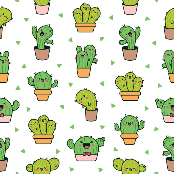Cute Kawaii Cactus Seamless Pattern Funny Succulent Plant Happy Face Wektory Stockowe bez tantiem