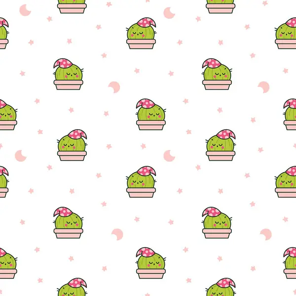 Cute Kawaii Cactus Seamless Pattern Funny Succulent Plant Happy Face Graphismes Vectoriels