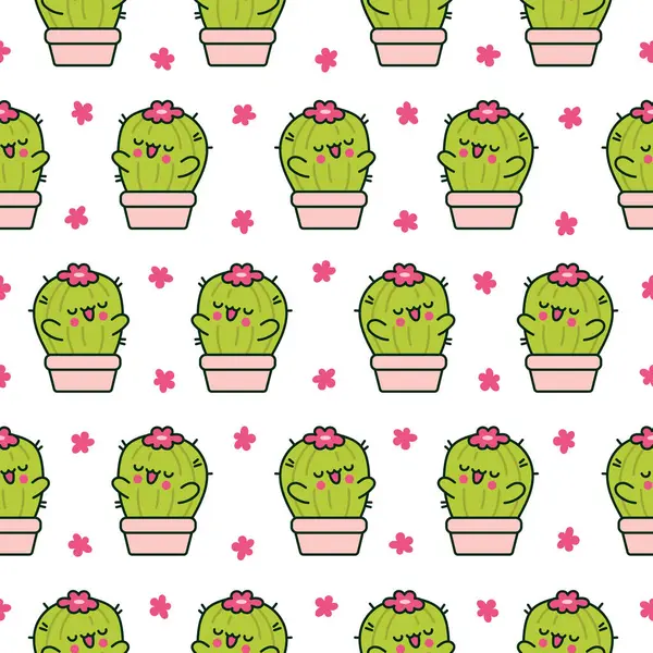 Roztomilý Kawaiský Kaktus Bezproblémový Vzorec Vtipná Šťavnatá Rostlina Šťastnou Tváří Vektorová Grafika