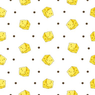 Dilimler ve peynir dilimleri. Kusursuz desen. Parmesan, mozzarella, hollandaise, ricotta, farklı türde. El stili. Vektör çizimi. Tasarım süslemeleri.