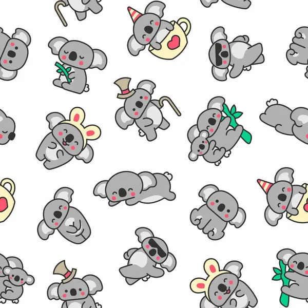 Cute Kawaii Koala Bear Seamless Pattern Australian Animals Cartoon Character Стоковый вектор