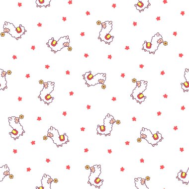 Güzel alpaka çizgi film karakteri. Kusursuz desen. Şirin kawaii hayvanı. El çizimi stili. Vektör çizimi. Tasarım süslemeleri.