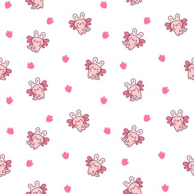 Şirin kawaii küçük axolotl. Kusursuz desen. Güzel bir çizgi film karakteri gibi gülümsüyor. El çizimi stili. Vektör çizimi. Tasarım süslemeleri.