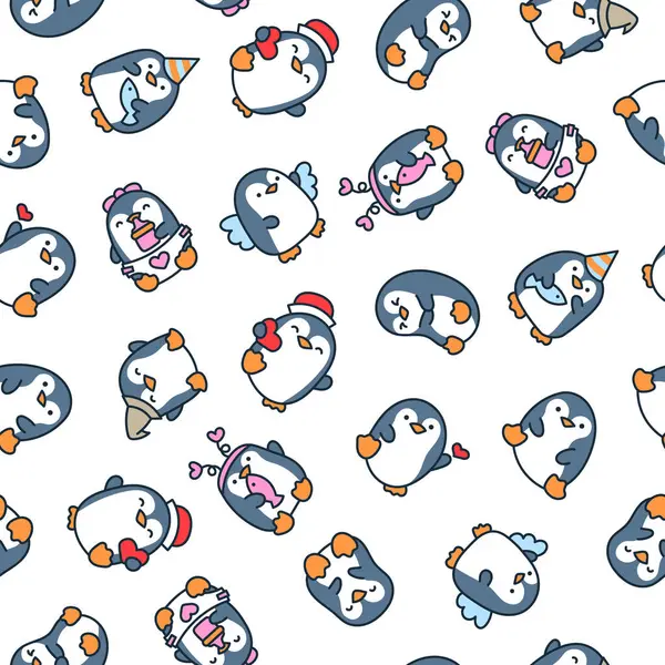 Roztomilý Kawaiský Tučňák Bezproblémový Vzorec Krásná Zvířata Kreslená Postava Ručně — Stockový vektor
