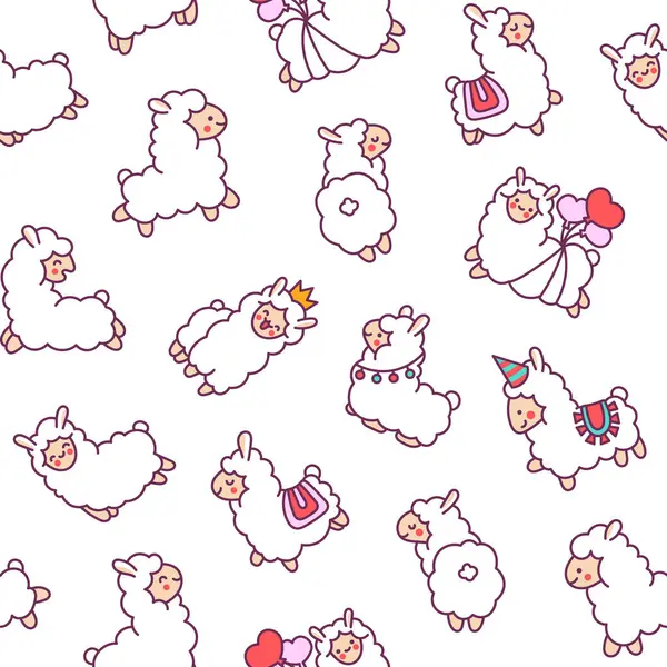 Beautiful Alpaca Cartoon Character Seamless Pattern Cute Kawaii Animal Hand Vectores de stock libres de derechos