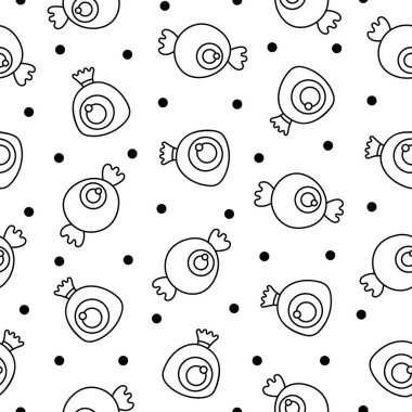 Şeker Cadılar Bayramı şekerlemeleri. Kusursuz desen. Boyama sayfası. Komik yemek. Karamelli çizgi film emicileri. El çizimi stili. Vektör çizimi. Tasarım süslemeleri.