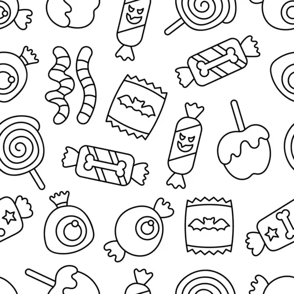 Sugar Halloween Sweet Candies Seamless Pattern Coloring Page Funny Food Gráficos vectoriales